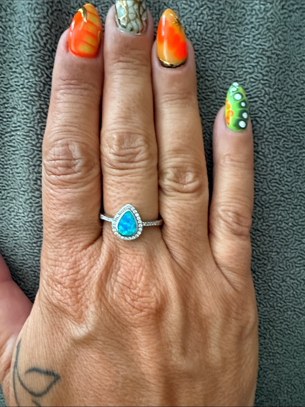 Sterling Silver Teardrop Blue Opal Halo Ring - Blue